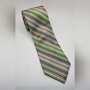 Perry Ellis Men's Neck Tie 100% Silk 59” X 3” Lime Green W/Silver Stripes EUC